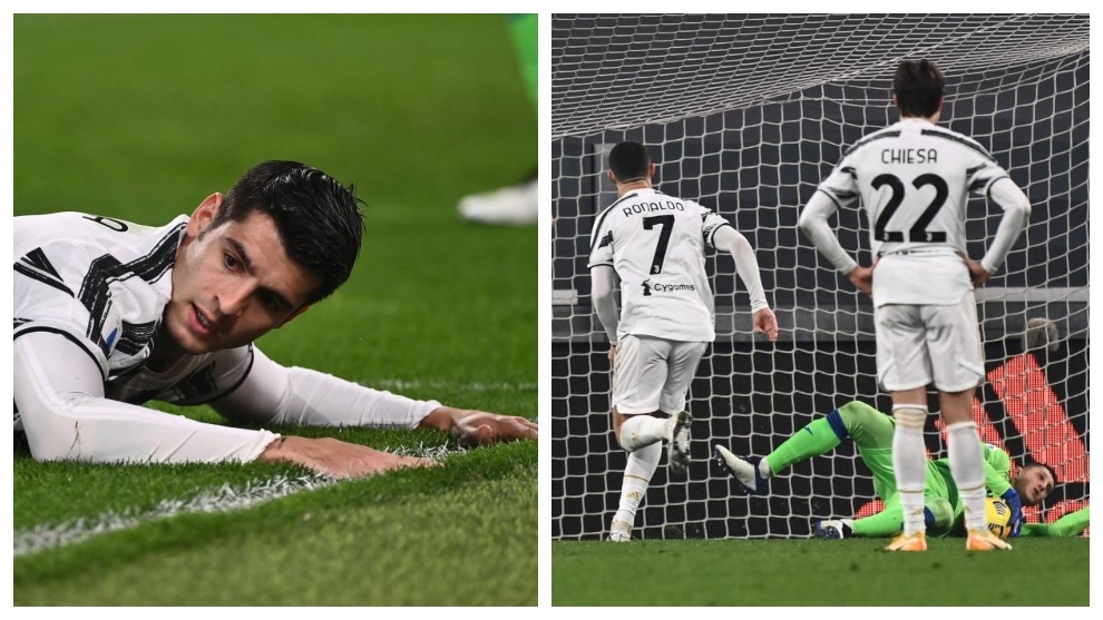 Morata y Cristiano Ronaldo se lamentan de sus fallos.