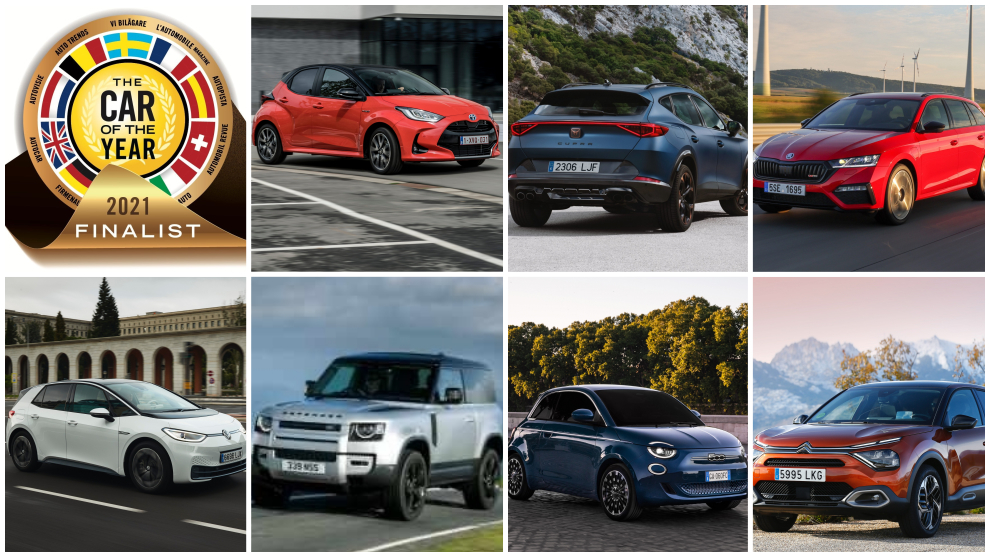De izda a dcha: Toyota Yaris, Cupra Formentor, Skoda Octavia, Volkswagen ID.3, Land Rover Defender, Fiat 500e y Citroën C4.