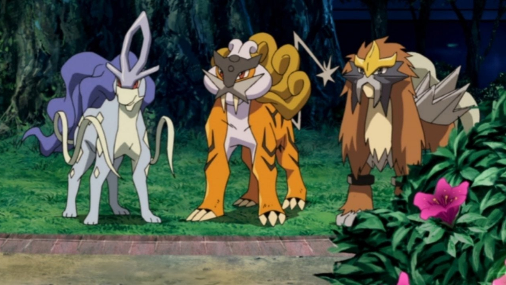 La aparicin en el anime de Suicune, Raikou y Entei (de izquierda a derecha).