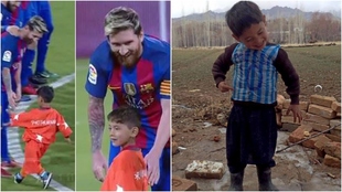 Murtaza, con Leo Messi y su camiseta de plstico.