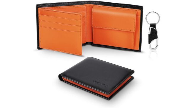 RFID Cartera de Cuero Negro Para hombre Naranja dentro de bolsillo clásico grande de bloqueo Wi 