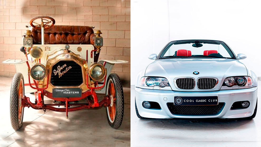 A la izquierda, un De Dion Bouton 8HP de 1908; a la derecha, un BMW M3 Cabrio de 2002.