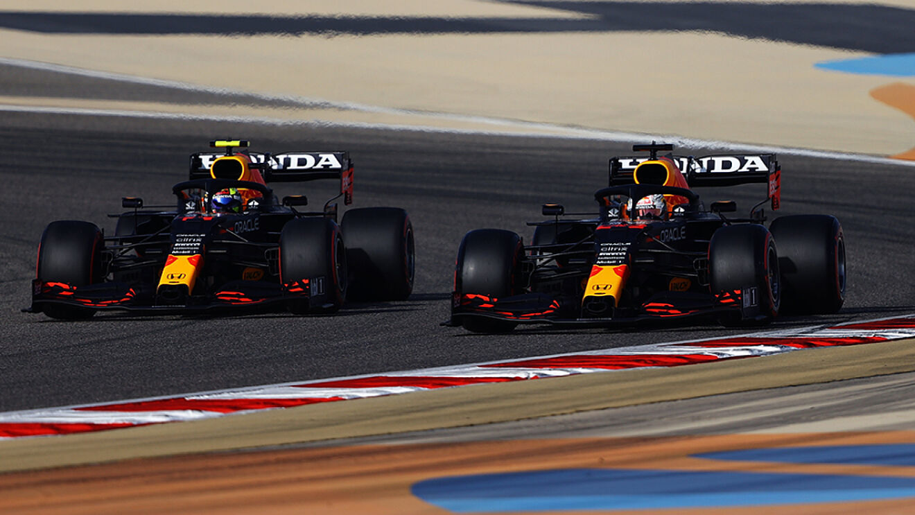Red Bull's Sergio Perez and Max Verstappen on the track.