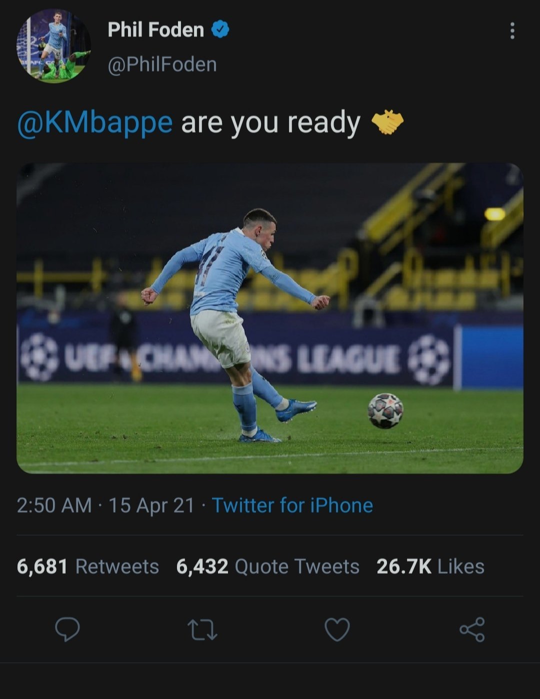 "Are you ready?" Foden asked in a tweet, in which he tagged Mbappe