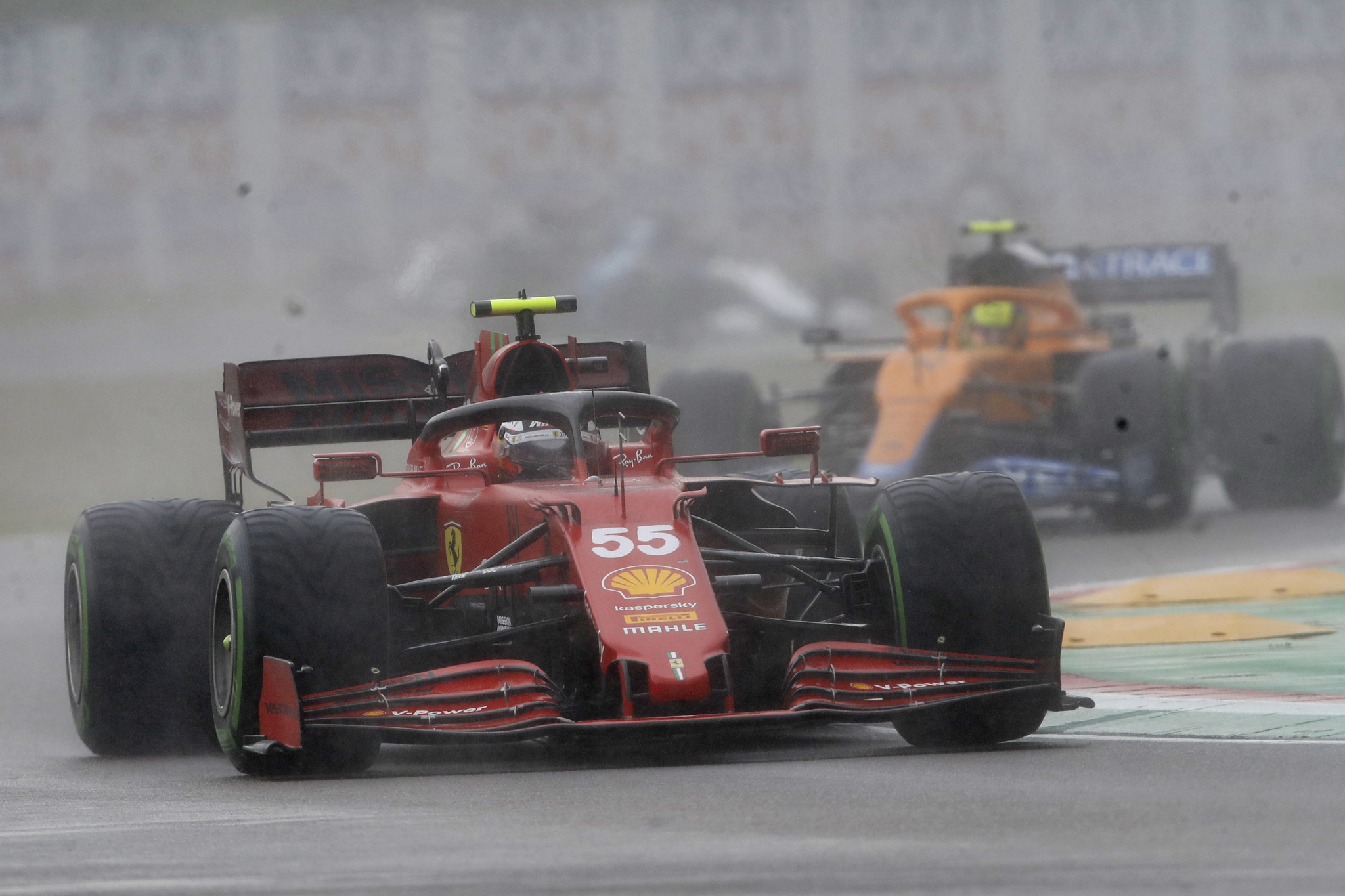Ferrari driver lt;HIT gt;Carlos lt;/HIT gt; lt;HIT gt;Sainz lt;/HIT gt; of Spain steers his car during the Emilia Romagna Formula One Grand Prix, at the Imola racetrack, Italy, Sunday, April 18, 2021. (AP Photo/Luca Bruno)