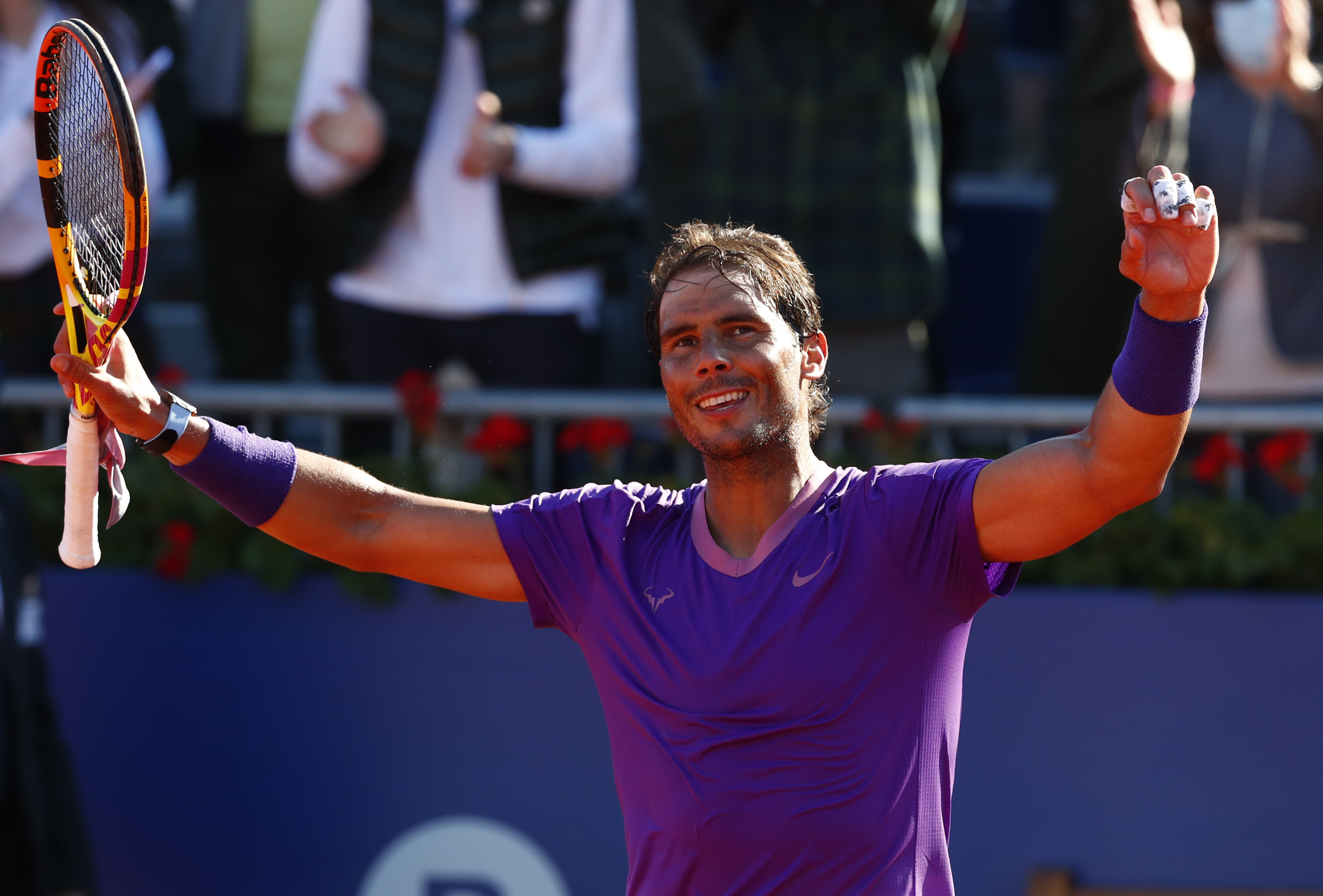 Rafael  lt;HIT gt;Nadal lt;/HIT gt; of Spain celebrates after defeating Cameron Norrie of Britain 6-1, 6-4 during a quarterfinal Godo tennis tournament in Barcelona, Spain, Friday, April 23, 2021. (AP Photo/Joan Monfort)