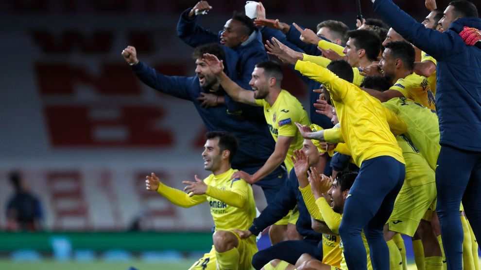 Villarreal players celebrate their move to the Europa League final after eliminating Arsenal.