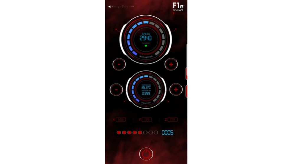 Imagen del interfaz de la app demo del F1S con los controles de la vibración y las ondas sónicas.