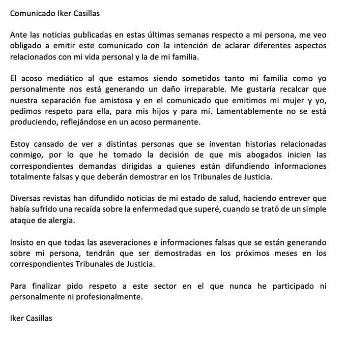Casillas pide respeto tras su ruptura con Sara Carbonero: "Nos estn generando un dao irreparable"