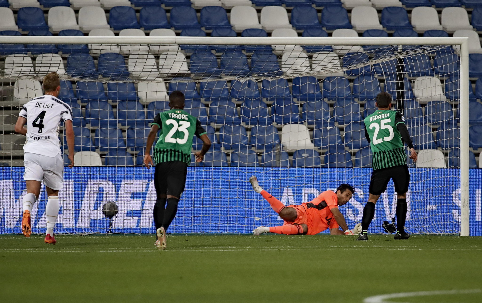 Gianluigi Buffon saves a penalty against Sassuolo in potentially his final Serie A match with Juventus.