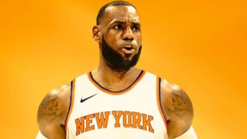 Montaje de LeBron James con la camiseta de los Knicks