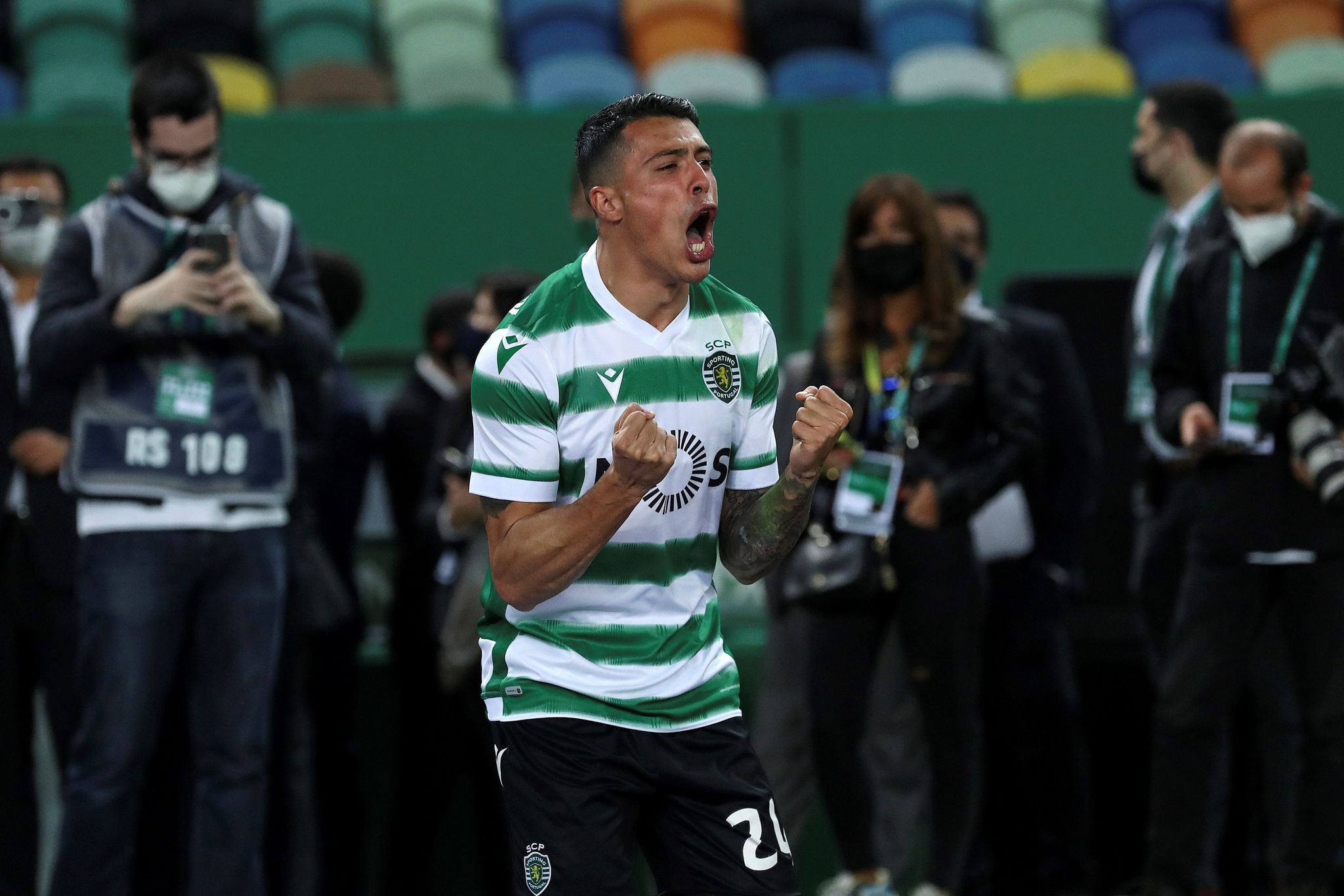 Pedro Porro celebrates after Sporting were confirmed as Liga NOS champions.