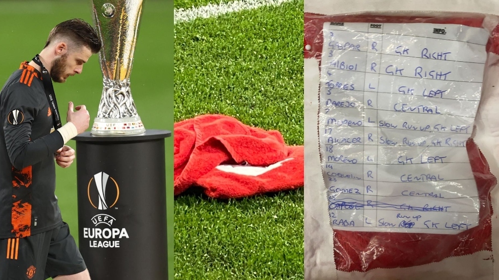 La 'chuleta' de De Gea que sirvió de poco: ¡Tenías apuntados los penaltis del Villarreal en su toalla!
