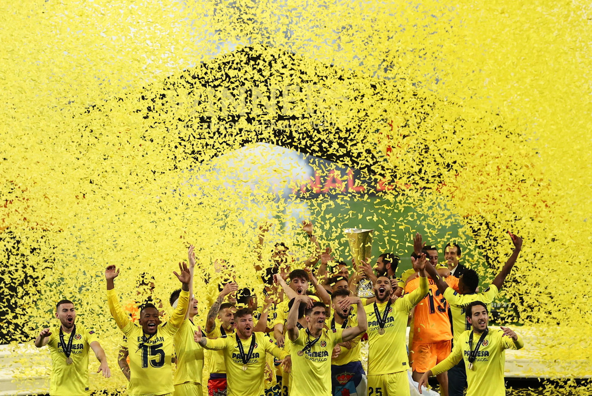 The Villarreal players celebrate winning the Europa League.