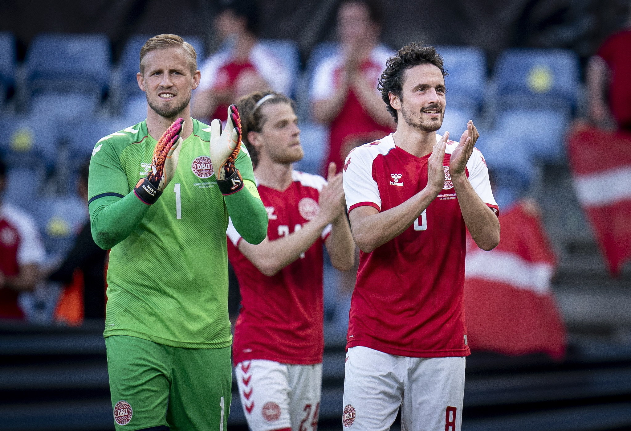 Denmark goalkeeper Kasper Schmeichel and Thomas Delaney