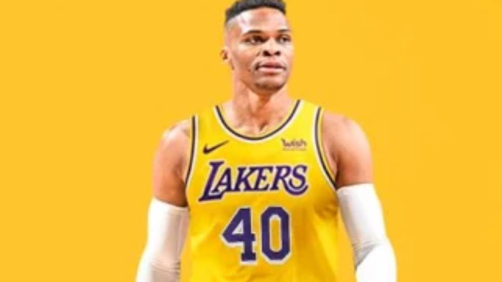 Montaje de Russell Westbrook con la camiseta de los Lakers