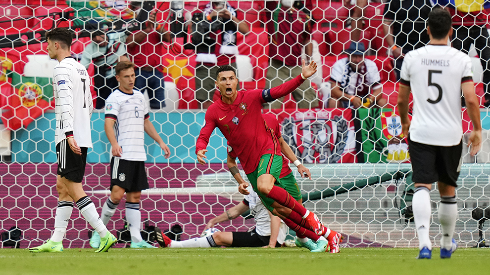 Cristiano Ronaldo celebrates after scoring against Germany.