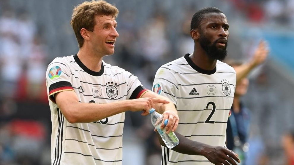 Thomas Muller and Antonio Rudiger during Germany's 4-2 win against Portugal.