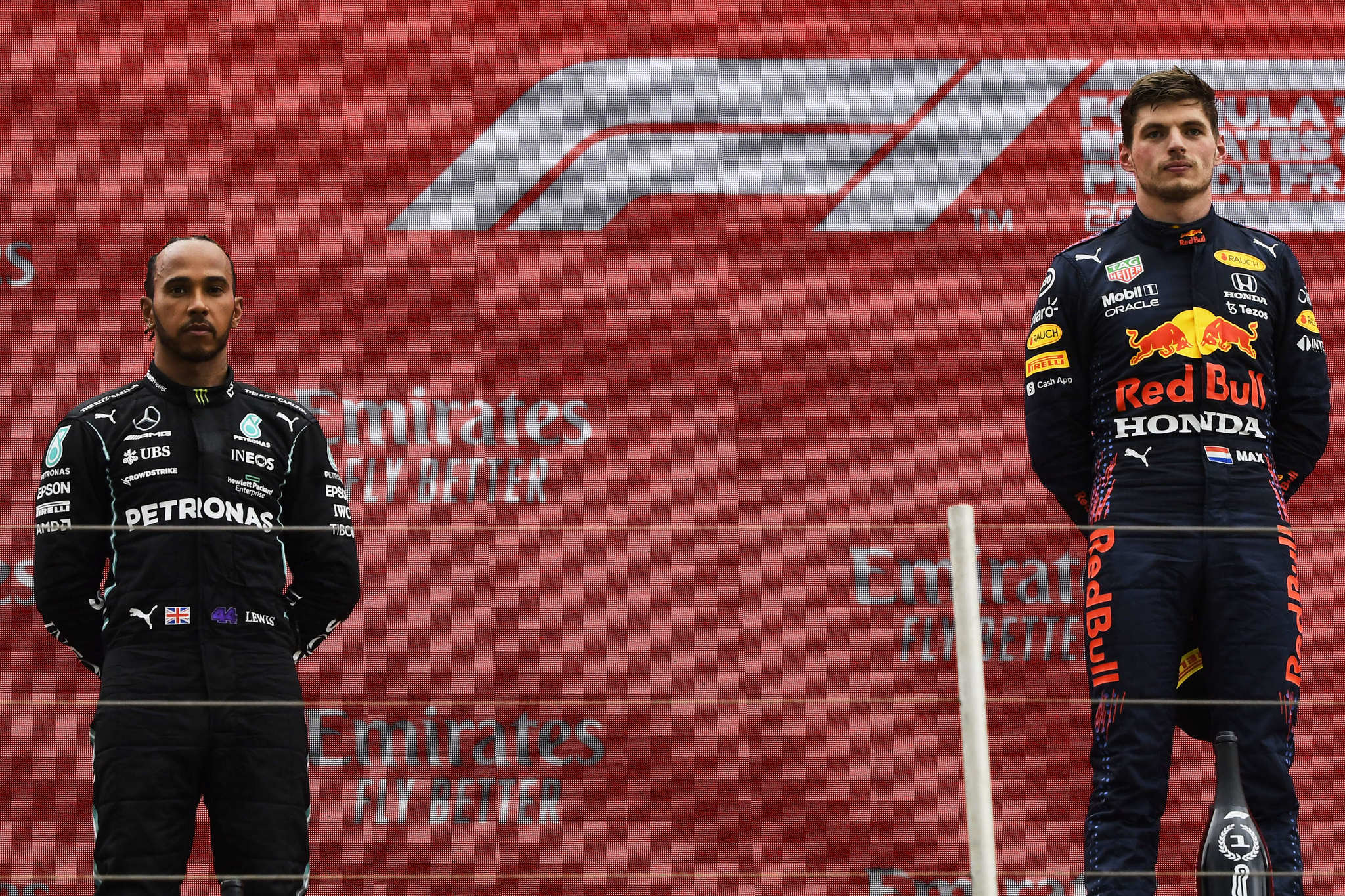 Hamilton y Verstappen en el podio del GP de Francia