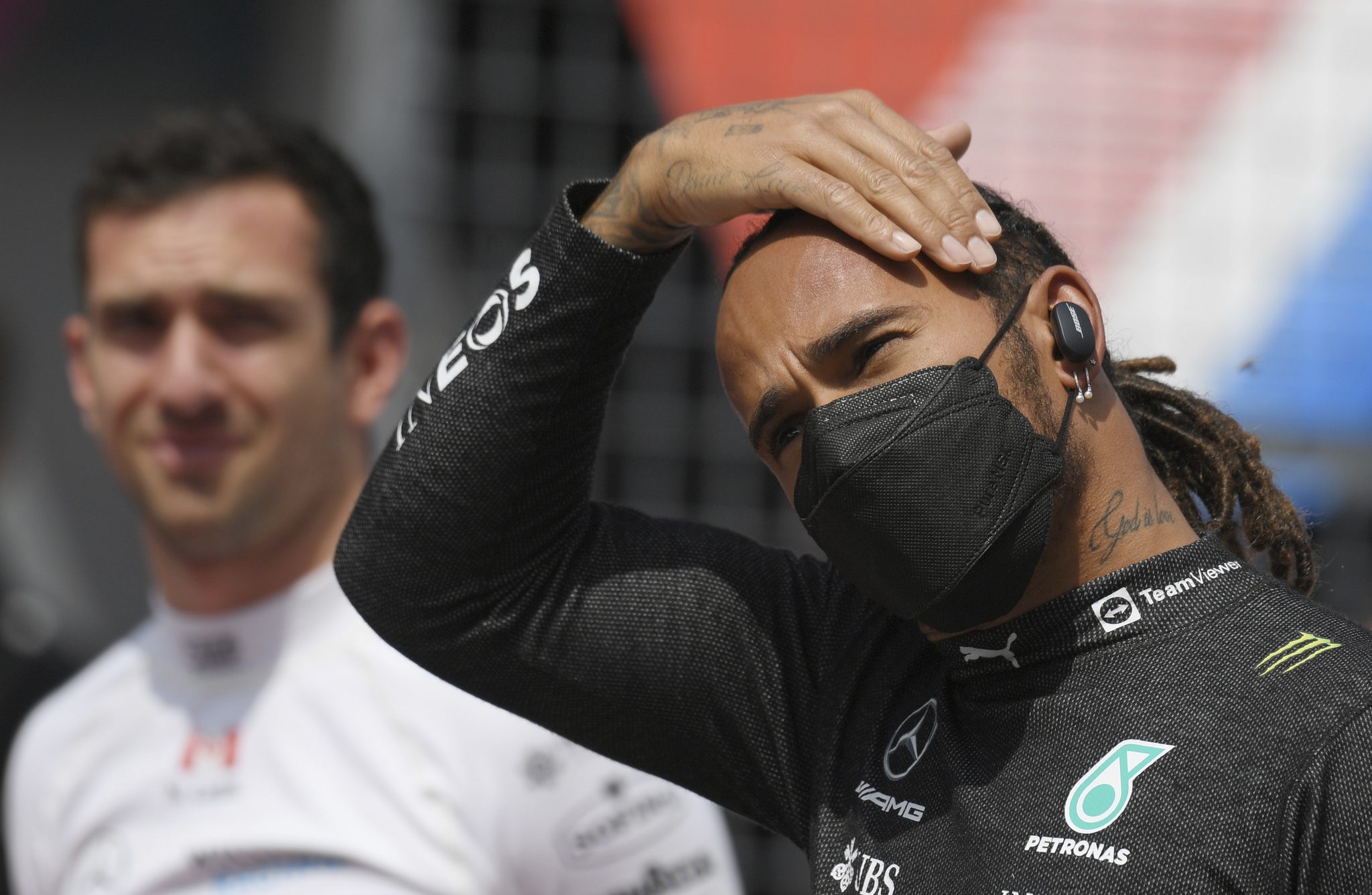 Mercedes driver lt;HIT gt;Lewis lt;/HIT gt; lt;HIT gt;Hamilton lt;/HIT gt; of Britain, right, during the Austrian Formula One Grand Prix at the Red Bull Ring racetrack in Spielberg, Austria, Sunday, July 4, 2021. (Christian Bruna/Pool Photo via AP)