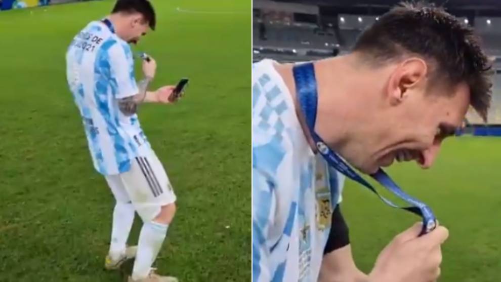 Messi's childlike joy as he shows off his medal to his family