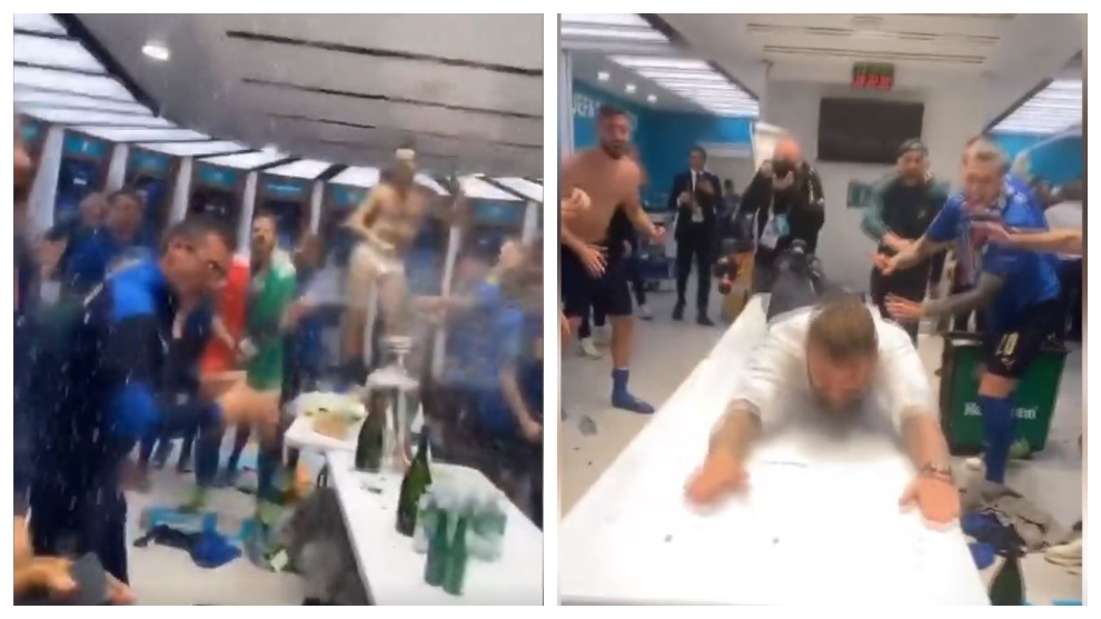 Italy's wild celebrations: De Rossi slides across tables covered in alcohol