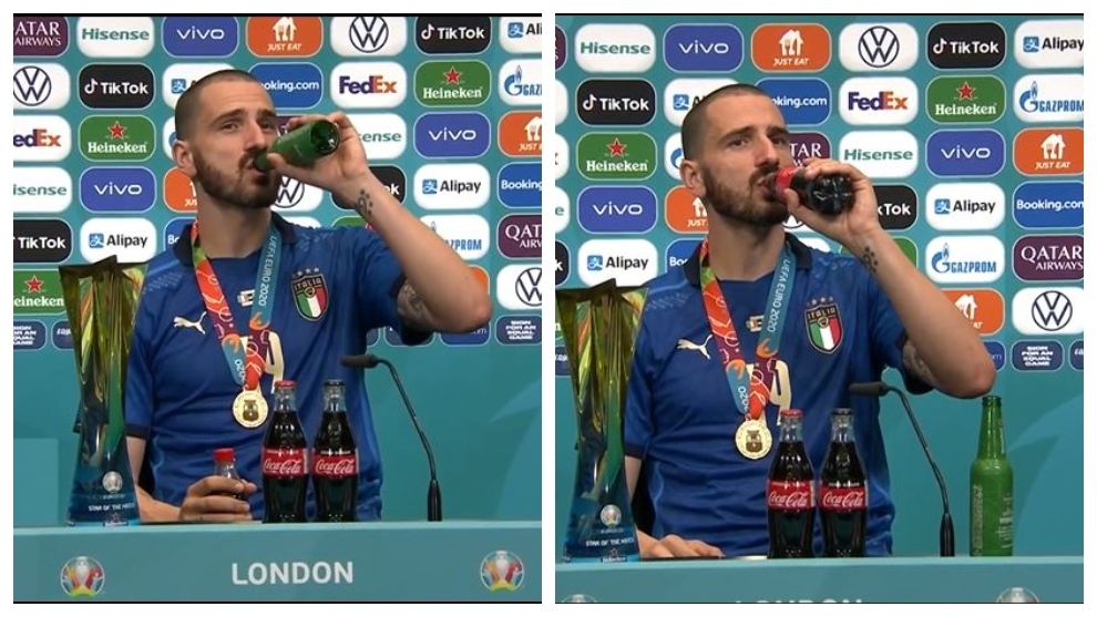 Bonucci mocks Pogba and Cristiano: Drinks Coca-Cola and beer at post-match press conference