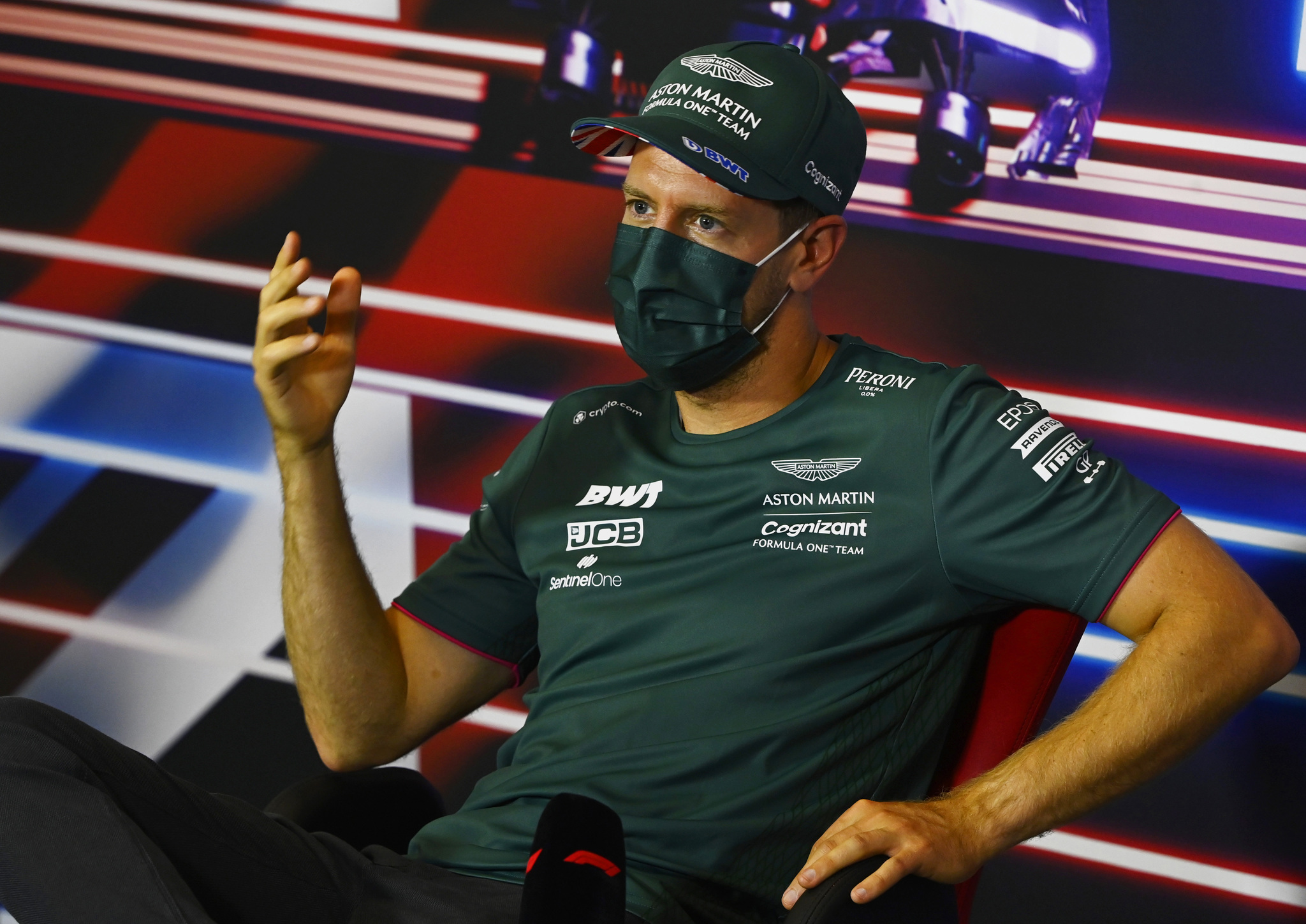 Aston Martin driver Sebastian lt;HIT gt;Vettel lt;/HIT gt; of Germany speaks during a media conference at the Silverstone circuit, Silverstone, England, Thursday, July 15, 2021. The British Formula One Grand Prix will be held on Sunday. (Mark Sutton, Pool Photo via AP)
