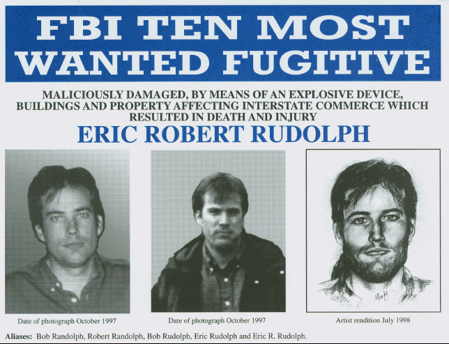 El cartel de busca y captura de Eric Robert Rudoph, el terrorista que puso la bomba.