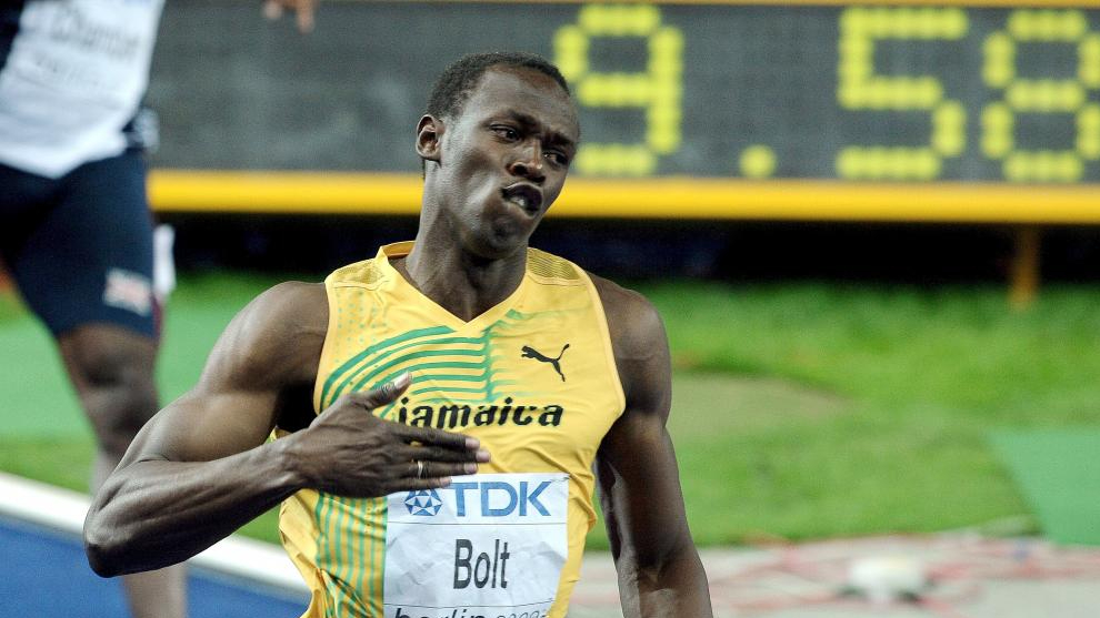 Usain Bolt, en el momento de lograr el rcord del mundo en Berln.