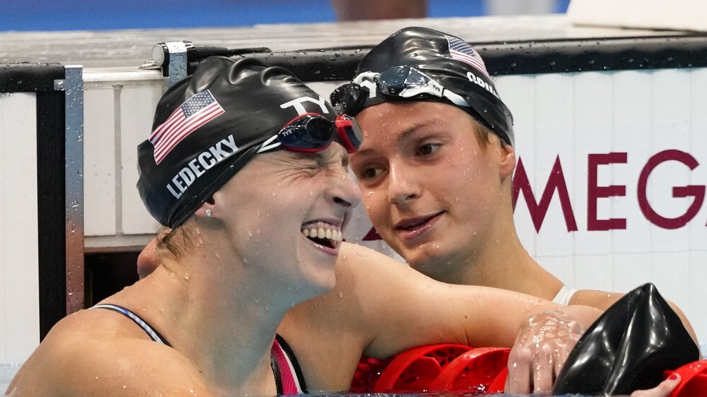 Ledecky celebrates after winning the gold medal in the women's 800-meter freestyle final.