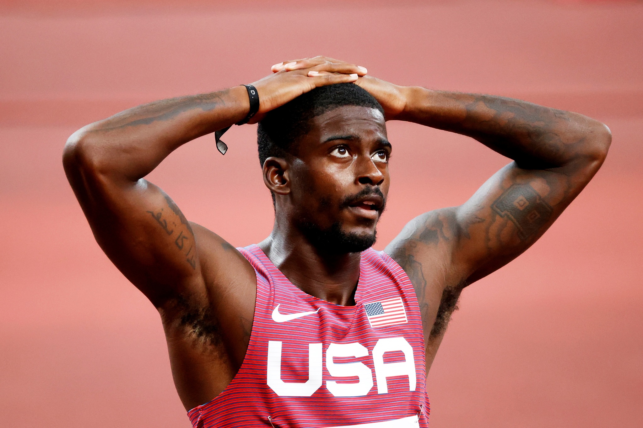USA star Trayvon Bromell reacts after failing to reach the men's 100m final.