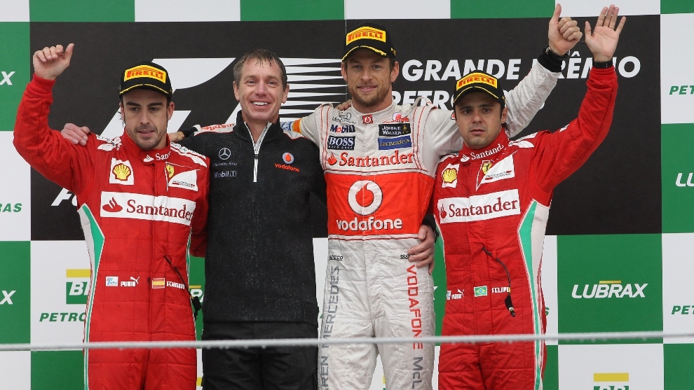 Button, Alonso y Massa en el podio de Brasil 2012