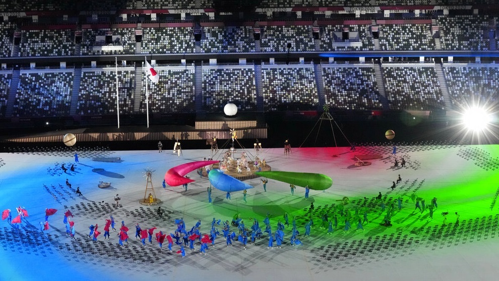 Actors perform during the opening ceremony for the 2020 Paralympics at the National Stadium in Tokyo.