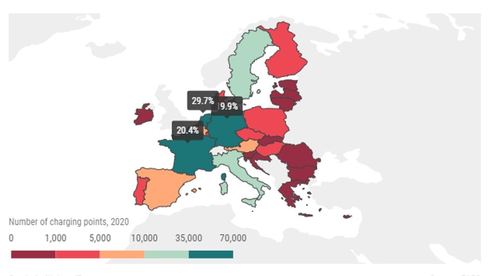 ACEA - mapa Europa puntos de recarga - infraestructura - coches electricos - ranking