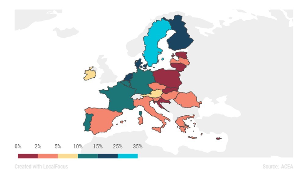 ACEA - mapa Europa puntos de recarga - infraestructura - coches electricos - ranking