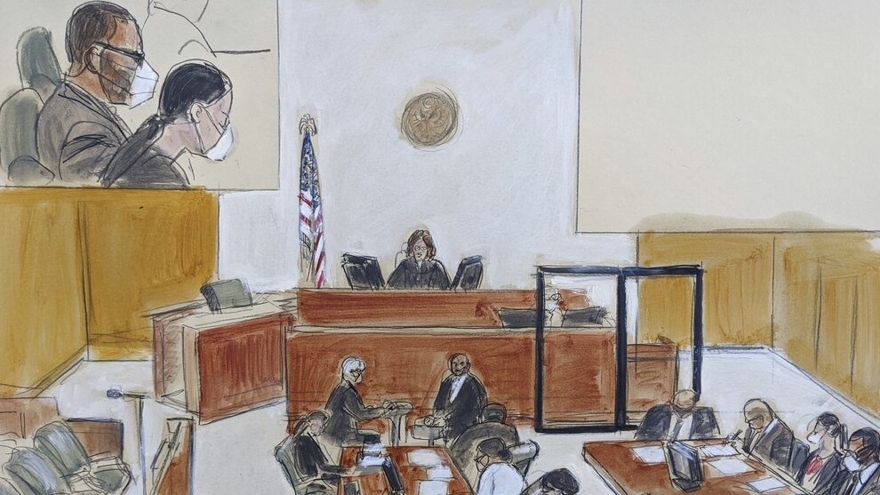 In this courtroom sketch drawn from a video feed during R. Kelly's sex trafficking trial.