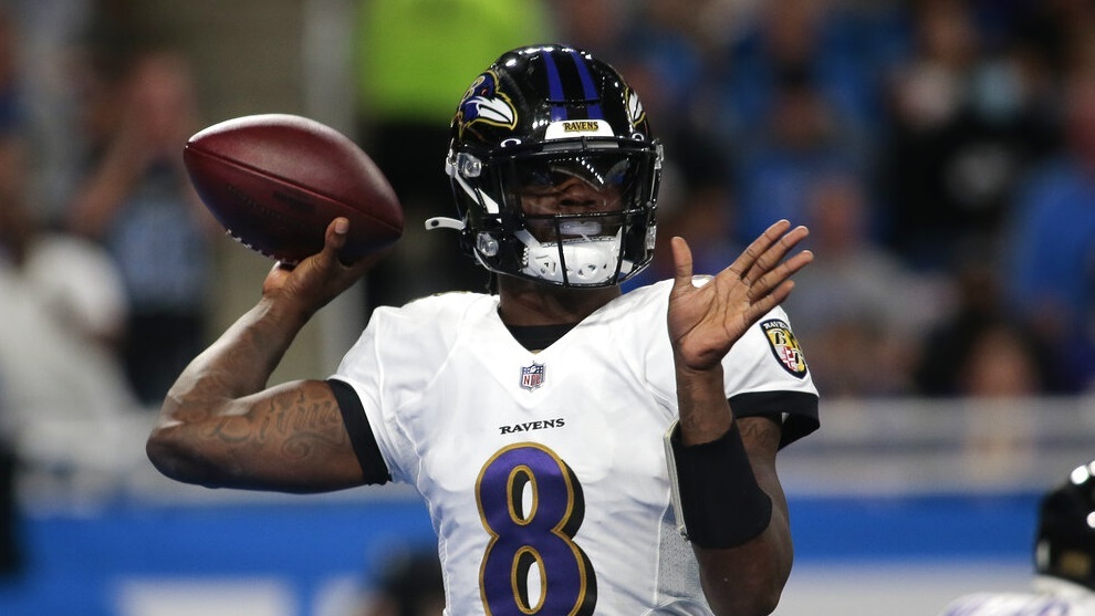 Baltimore Ravens quarterback Lamar Jackson (8) throws against the Detroit Lions.