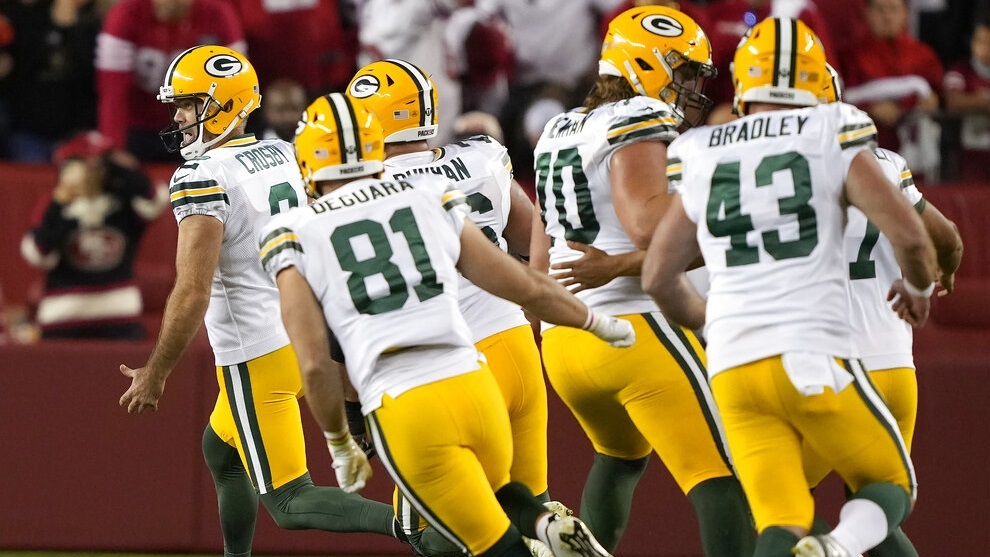 Mason Crosby after kicking the game winning field goal against the San Francisco 49ers.
