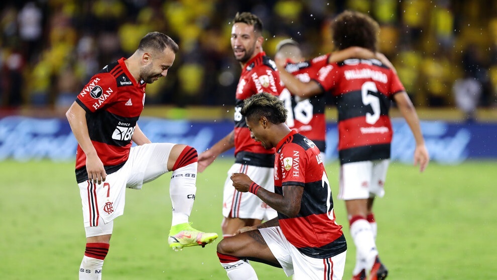Bruno Henrique, right, celebrates with Everton Ribeiro of Brazil's Flamengo after scoring.