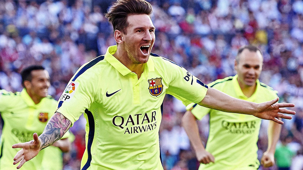 Messi celebra el gol ante el Atlético campeón en la 14-15 con el que el Barcelona cantó el alirón.
