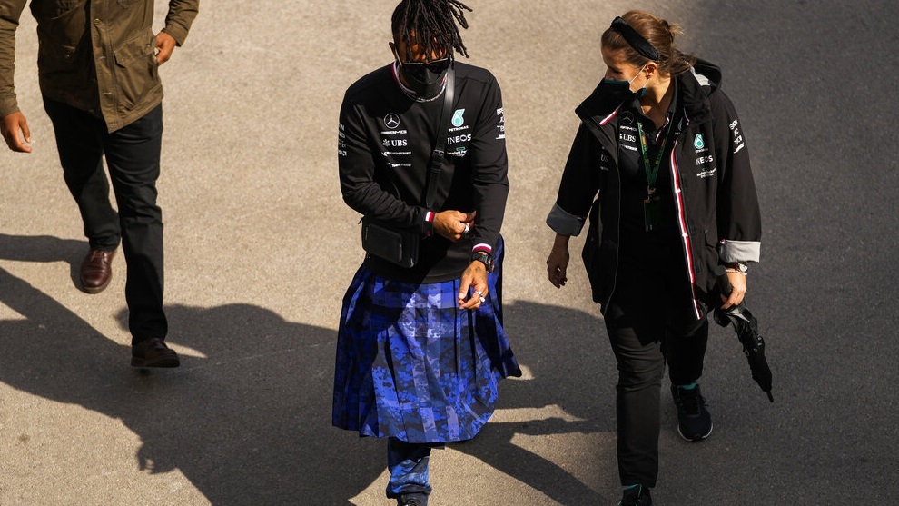 Lewis Hamilton walks at the paddock ahead of Sunday's Formula One Turkish Grand Prix.