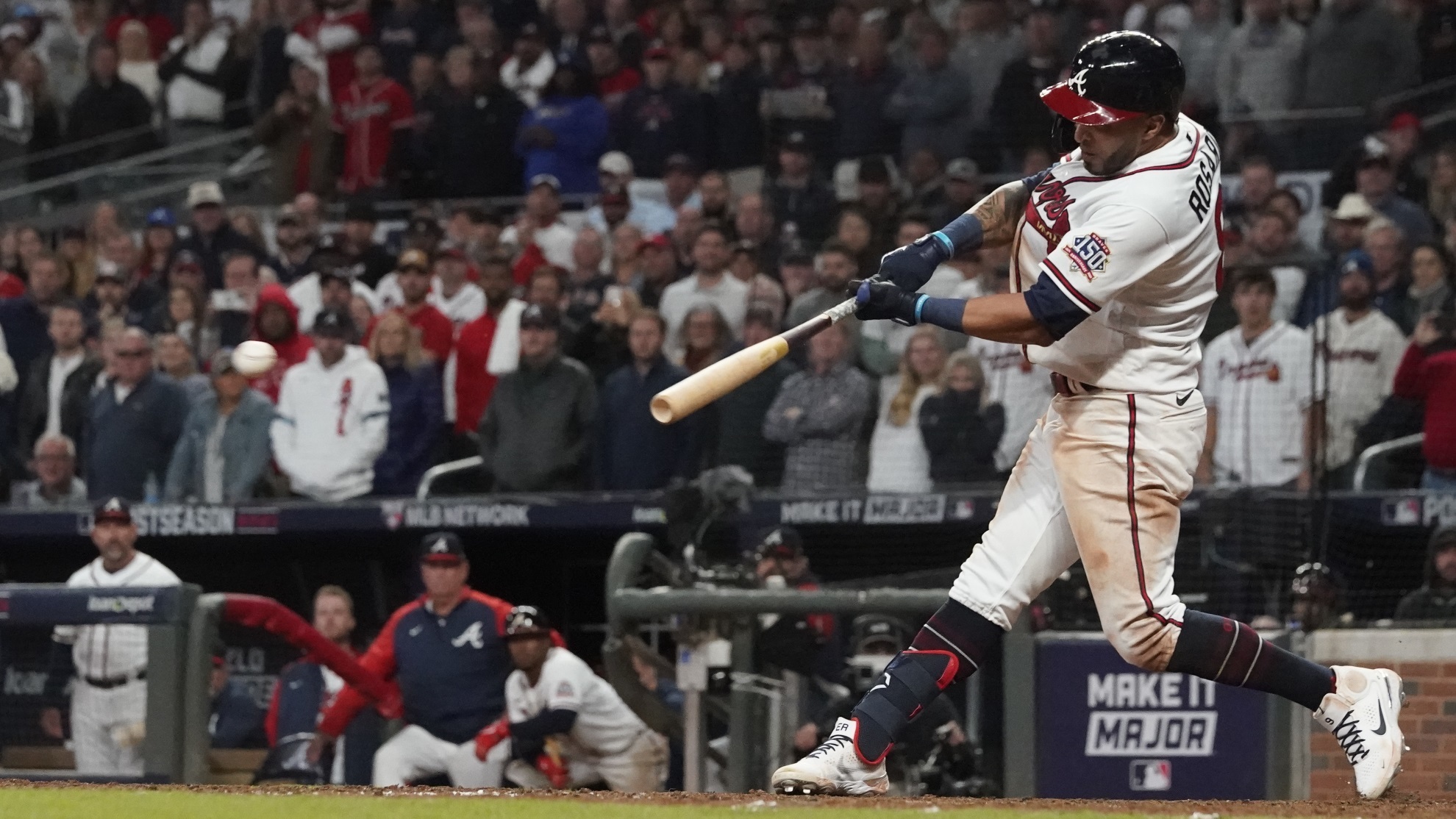 Atlanta Braves' Eddie Rosario hits a game winning RBI single during the ninth inning.