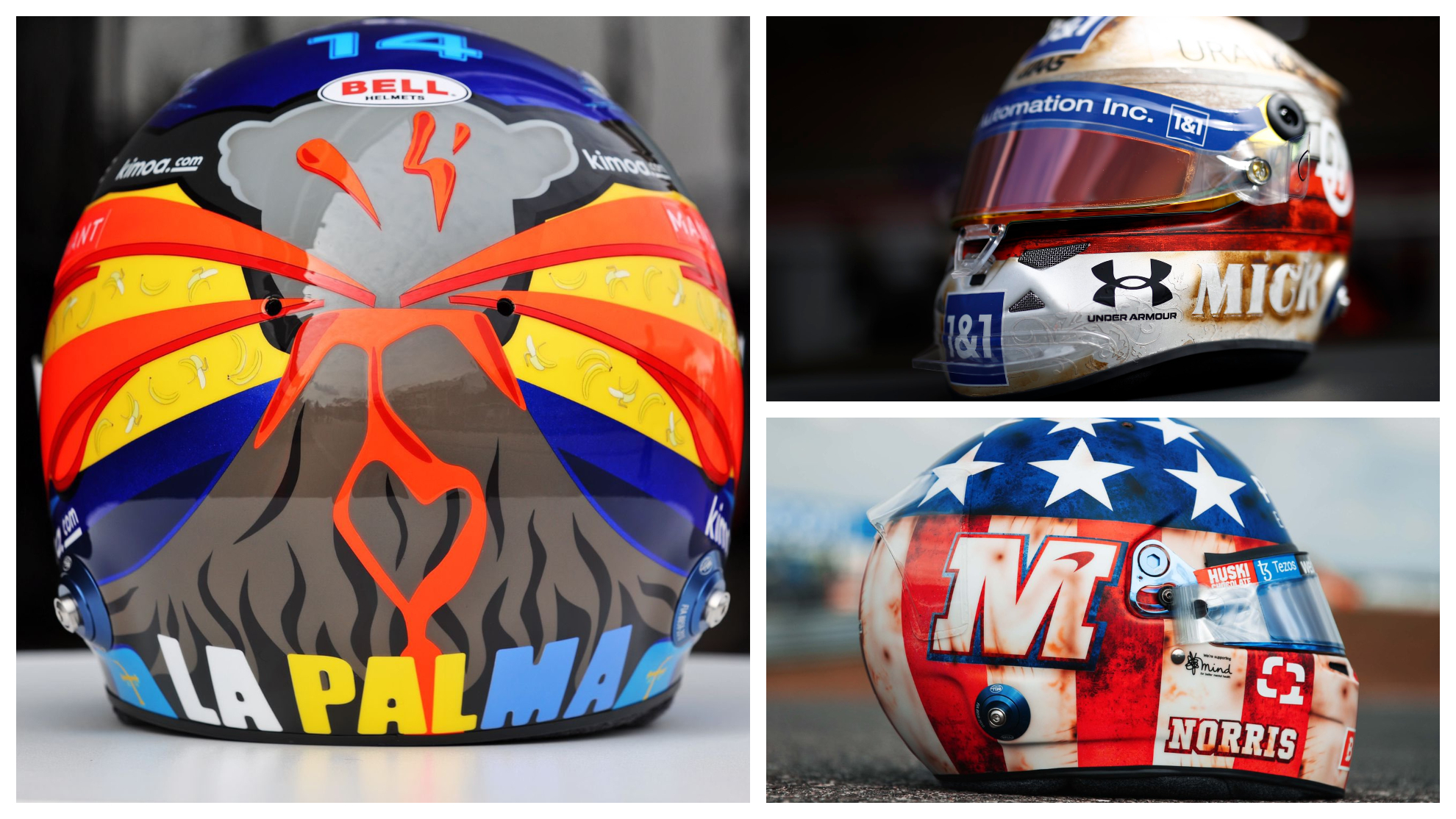 Los cascos de Alonso, Mick Schumacher y Lando Norris para el GP de EEUU.