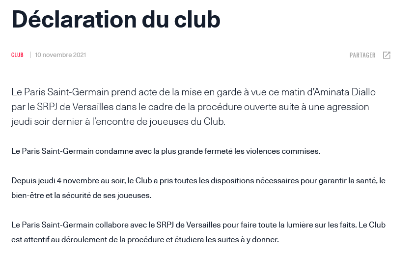 Comunicado oficial del PSG publicado en su página web.