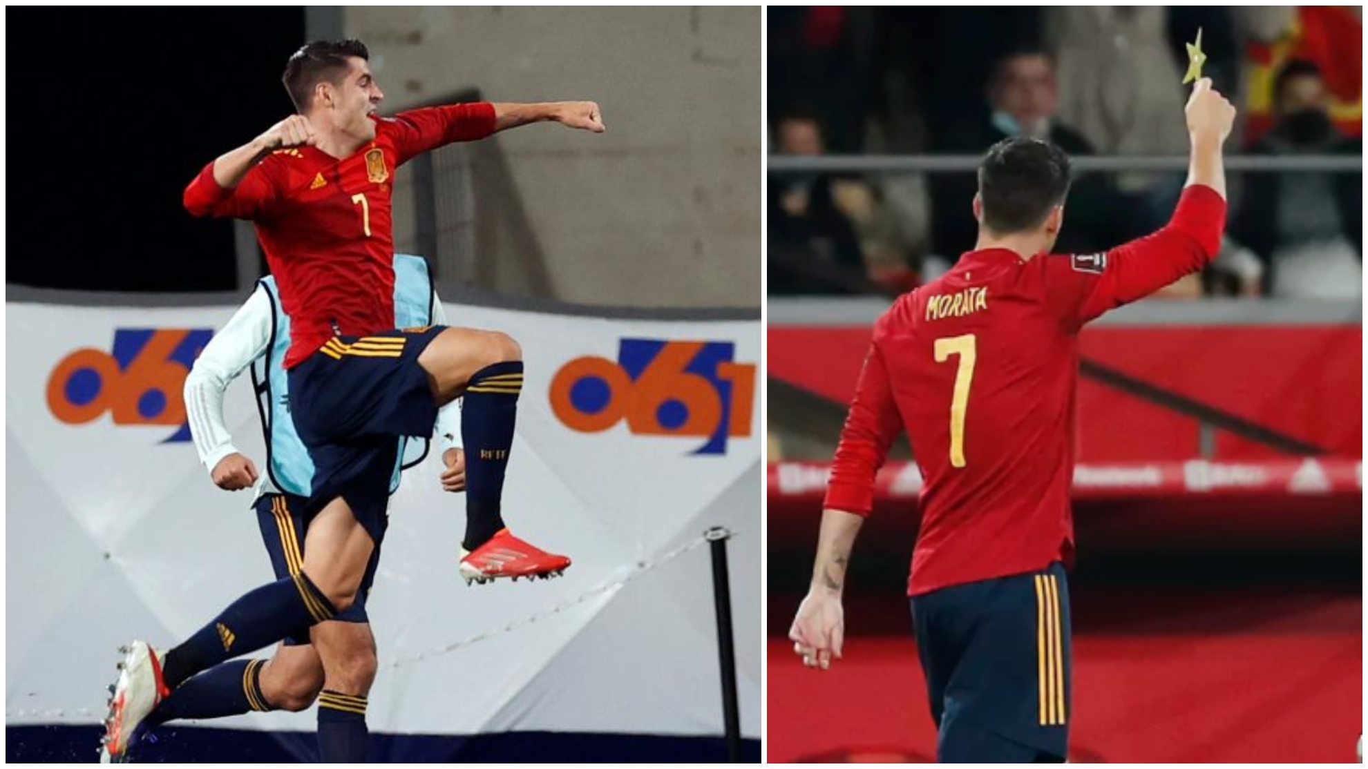 Un montaje con una imagen de Morata celebrando el gol de España y otra sujetando la estrella.