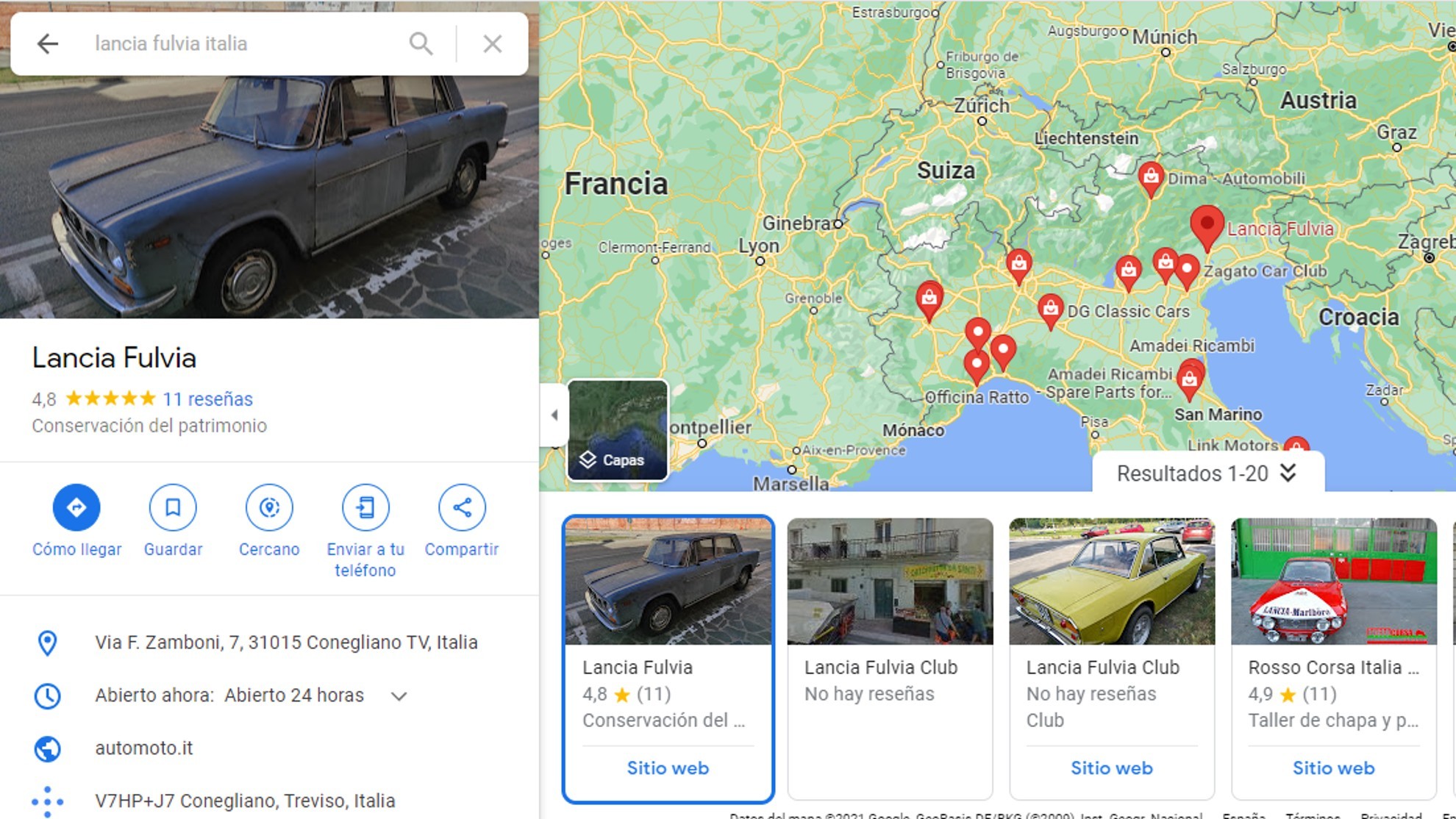 Lancia Fulvia - Conegliano - Google Maps - 47 aos en el mismo sitio - Angelo Fregolent - restaurado