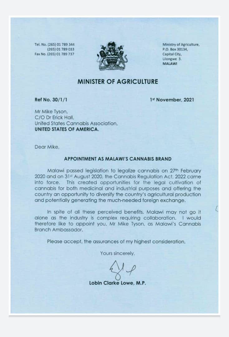 Carta del Ministerio de Agricultura de Malawi a Tyson.