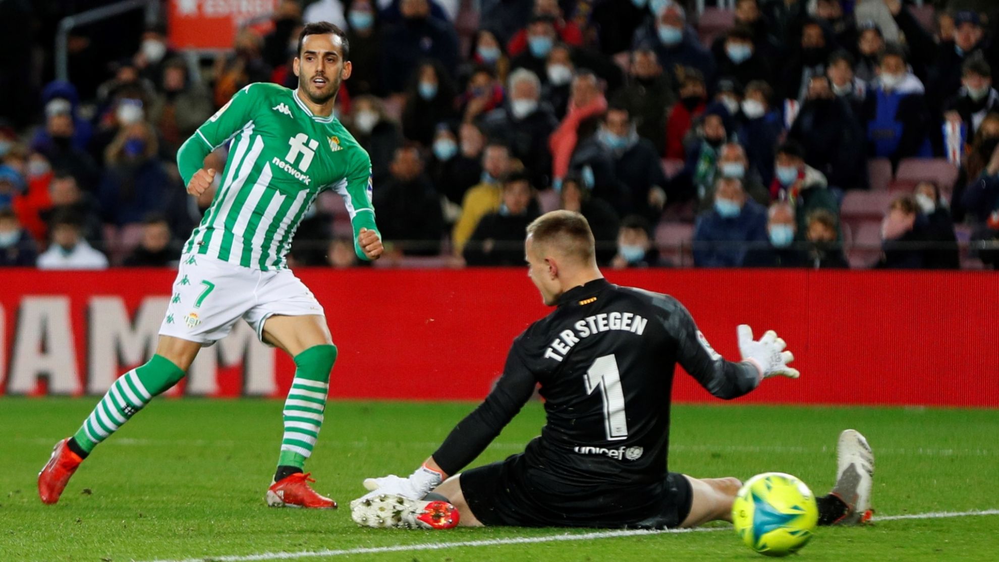 Juanmi scores in Real Betis' 1-0 win against Marc-Andre ter Stegen in Barcelona.