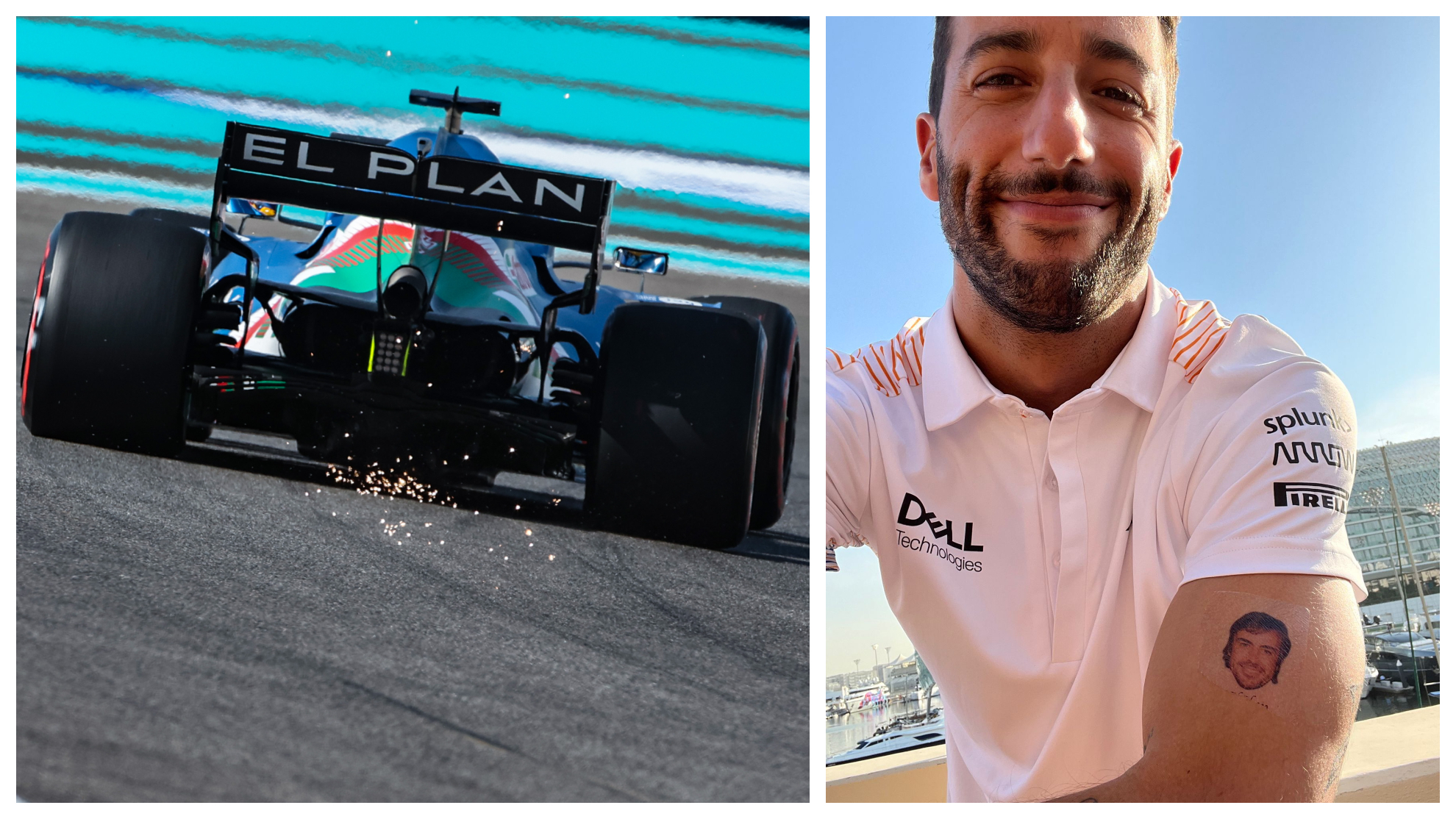 Alonso, con la pegatina de El Plan en el A521, y Ricciardo, con el tatuaje.